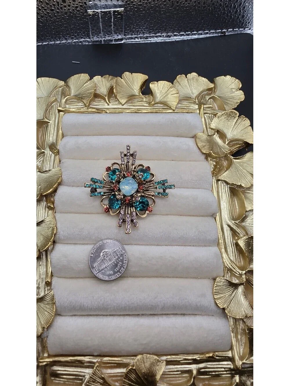 Vintage Style Gold Tone Blue and Opal Rhinestone Brooch